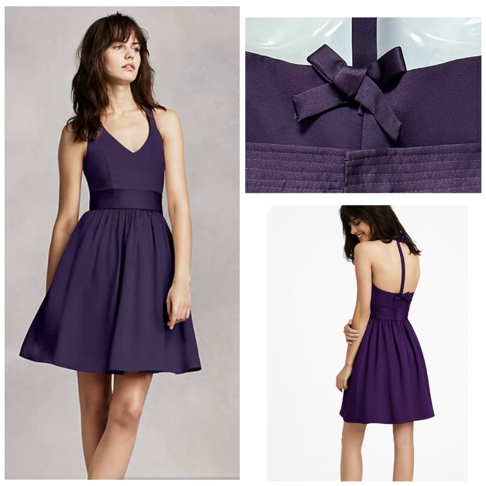 NWT- Vera Wang White Short Halter Purple Satin Fit and Flare Dress